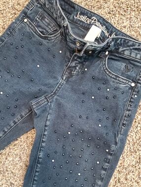 Justice Dark Blue Skinny Jeans with Pearl & Stud Details